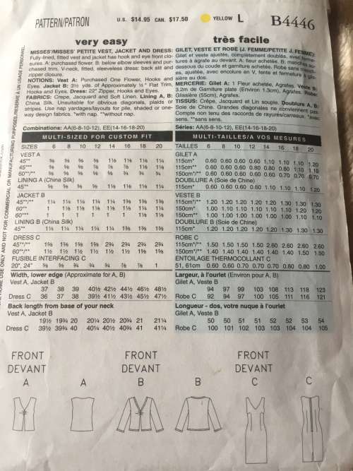 PATTERN BUTTERICK 4446 (COMPLETE, CUT ON 14) - VEST, JACKET and DRESS (SIZE 14)