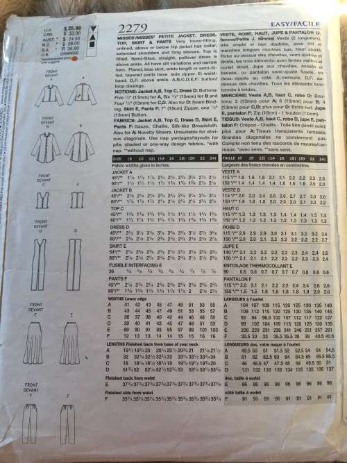 PATTERN VOGUE 2279 (ADRI)(COMPLETE, CUT ON 18) - JACKET,DRESS,TOP,SKIRT,PANTS (SIZE 14-16-18)