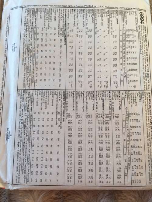 PATTERN MCCALL`S 6994 (UNUSED) - JACKET and SKIRT (SIZE 6-8-10)