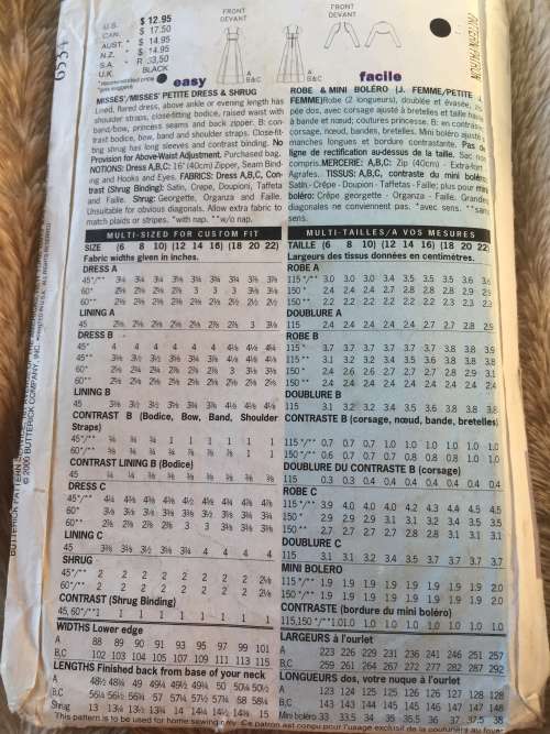 PATTERN BUTTERICK 6534 (BOW EXCL EXCLUDED) - DRESS and SHRUG (SIZE 18-20-25)