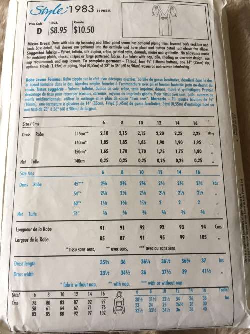 PATTERN STYLE 1983 (COMPLETE, CUT ON 16) - DRESS LOWERED BACKLINE (SIZE 6-16)