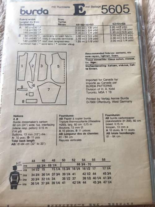 PATTERN BURDA 5605 (COMPLETE, CUT ON 54/56) - MEN`S SHIRTS (SIZE 44-56) BIG SIZE