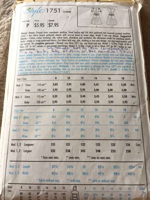 PATTERN STYLE 1751 (COMPLETE, CUT ON 18) - DRESSES (SIZE 8-18)