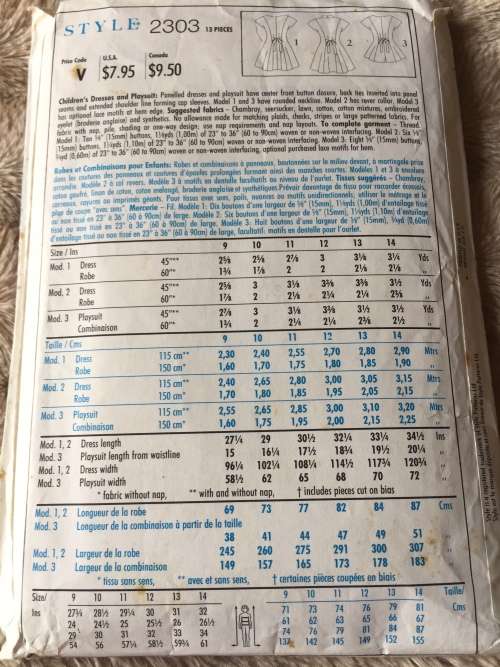 PATTERN STYLE 2303 (CUT ON 14, NO INSTRUCTION SHEET) - GIRLS` DRESSES & PLAYSUIT (SIZE 9-14)