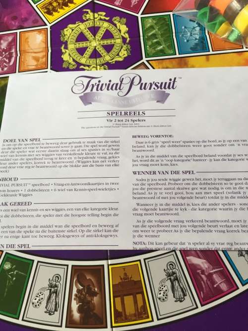 TRIVIAL PURSUIT - AFRIKAANS: PRIMA TOYS (COMPLETE WITH RULES, HARDLY USED)