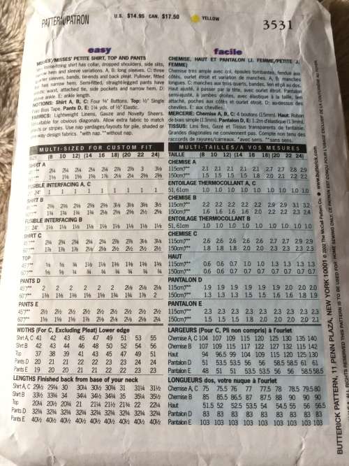 PATTERN BUTTERICK 3531 (TIE ENDS SHIRT& PANTS EXCL) - SHIRT,TOP,PANTS (SIZE 14-16-18)