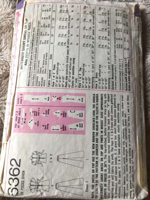 PATTERN SIMPLICITY 6362 (COMPLETE) - MATERNITY SHORT DRESS,TOP,PANTS (SIZE 12)