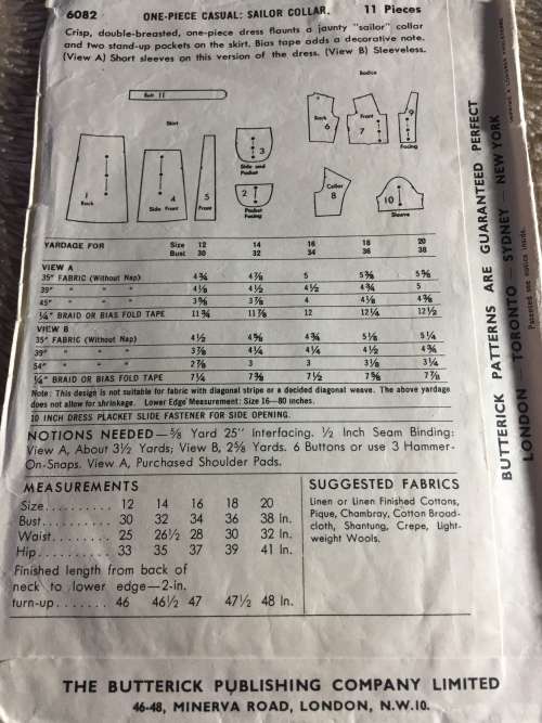 PATTERN BUTTERICK 6082 (VERY VINTAGE, TIDY PATTERNS) - DRESSES (SIZE 14)