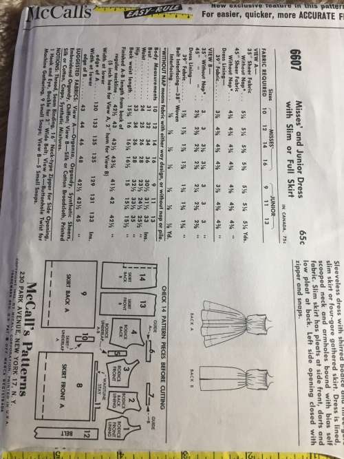 PATTERN MCCALL`S 6607*1962 (VERY VINTAGE, LITTLE CUT) - DRESS W SLIM OR FULL SKIRT (SIZE 14)