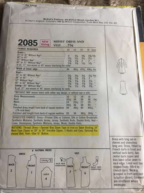 PATTERN MCCALL`S 2085*1969 (VERY VINTAGE, UNUSED) - DRESS & VEST (SIZE 14)