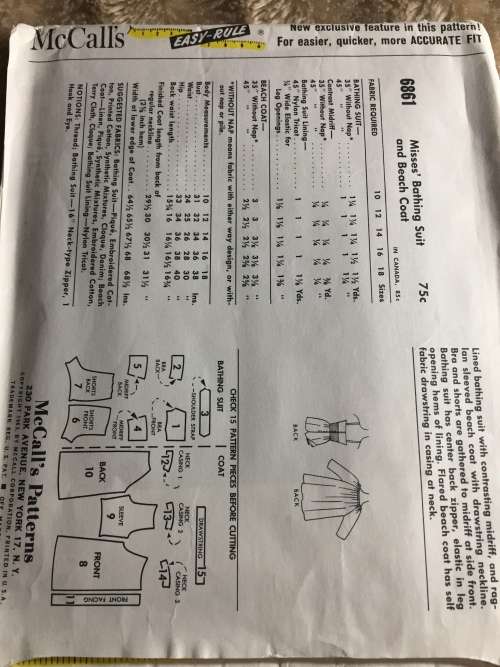 PATTERN MCCALL`S 6861*1963 (VERY VINTAGE, TIDY PATTERNS) - BATHING SUIT & BEACH COAT (SIZE 14)