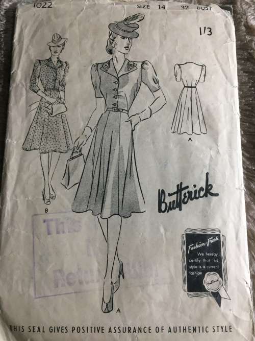 PATTERN BUTTERICK 1022 (VERY VINTAGE, TIDY PATTERNS) - FROCK (SIZE 14)