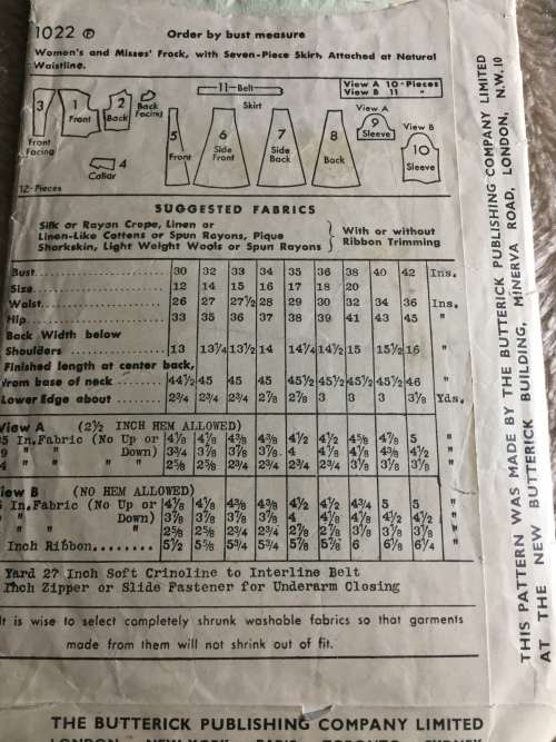 PATTERN BUTTERICK 1022 (VERY VINTAGE, TIDY PATTERNS) - FROCK (SIZE 14)