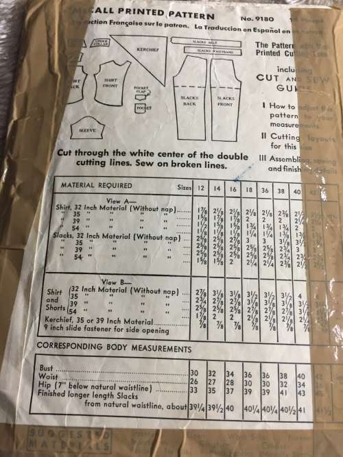 PATTERN MCCALL`S 9180 (VINTAGE, ENVELOPE NOT NICE) - SLACKS,SHORTS,SHIRTS (SIZE 14)