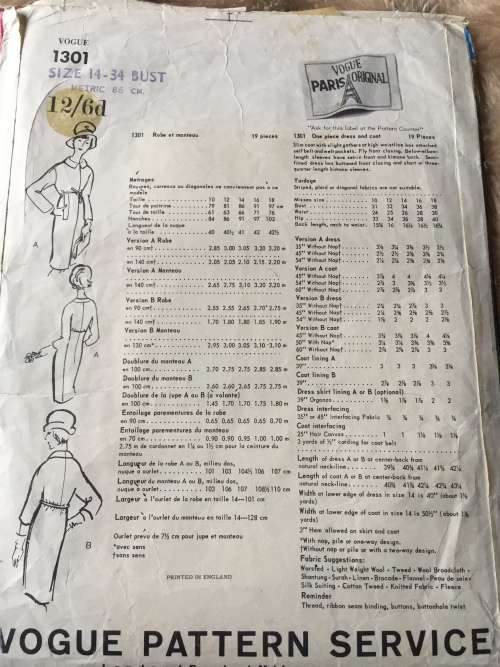 PATTERN VOGUE 1301 (VERY VINTAGE, TIDY PATTERNS) - ONE PIECE DRESS & COAT  (SIZE 14)