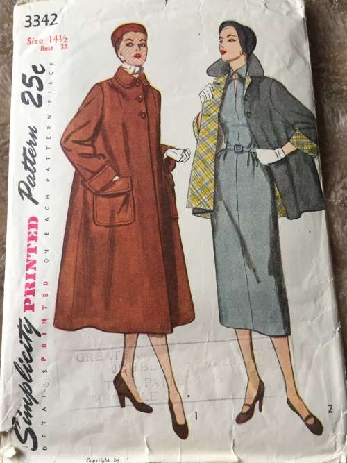 PATTERN SIMPLICITY 3342 (VERY VINTAGE, TIDY PATTERNS) - COAT OR TOPPER  (SIZE 14.5)