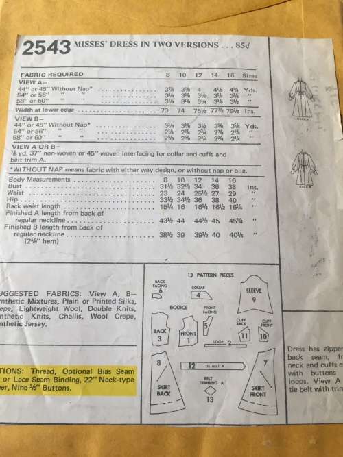 PATTERN MCCALL`S 2543 (VINTAGE, TIDY PATTERNS) - ONE PIECE DRESS (SIZE 8)