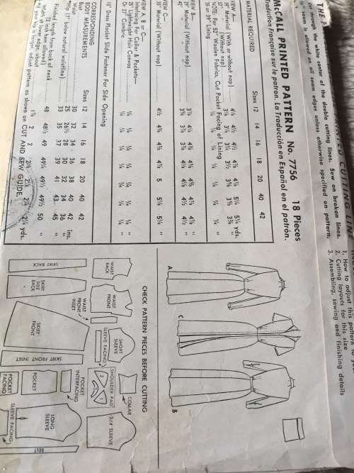 PATTERN MCCALL`S 7756 (VERY VINTAGE, TIDY PATTERNS) - DRESS (SIZE 40)