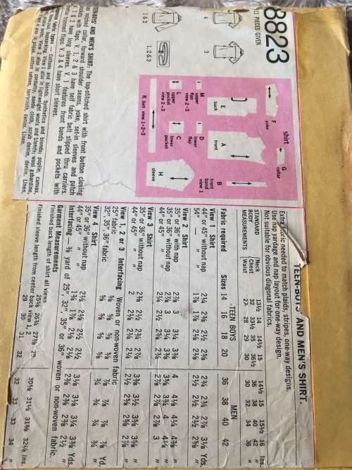 PATTERN SIMPLICITY 8823 (VINTAGE,TIDY PATTERN) - TEENBOYS` & MEN`S SHIRT (SIZE 40)