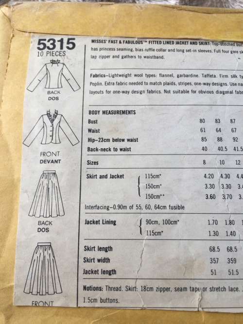 PATTERN SIMPLICITY 5315 (VINTAGE, BOUGHT FROM OWNER) - JACKET & SKIRT (SIZE 12)