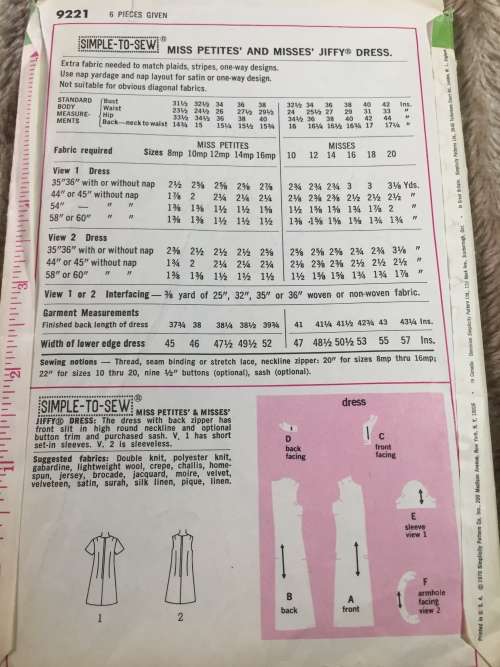 PATTERN SIMPLICITY 9221*1970 (VINTAGE, UNUSED) - DRESS (SIZE 12)