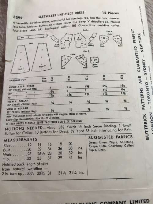 PATTERN BUTTERICK 5292 (VERY VINTAGE, NEAT & TIDY PATTERN) - SLEEVELESS ONE-PIECE DRESS (SIZE 16)