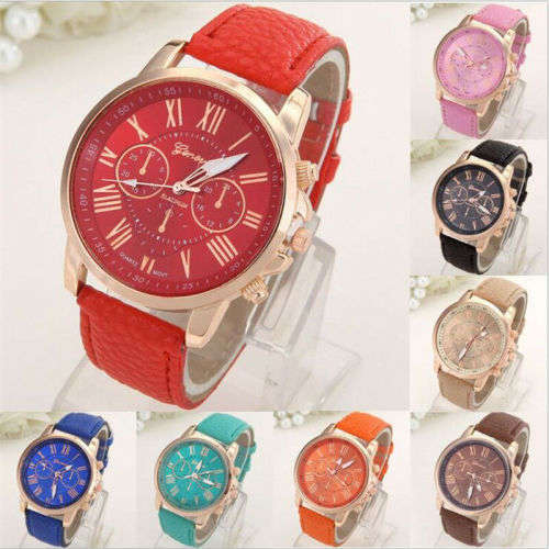 New Fashion Geneva Platnum Women Leather Band Stainless Steel Quartz Analog Wrist Watch