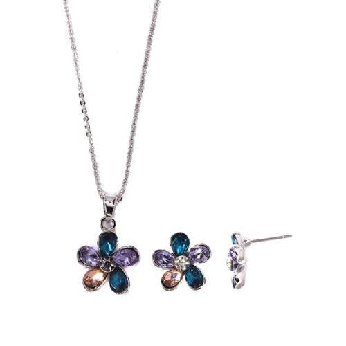 Sterling Silver Purple and Blue Crystal Flower Necklace and Earring Set