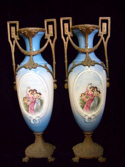 PAIR VICTORIAN URN SHAPED VASES WITH CAST GILDED METAL HANDLES AND STANDS