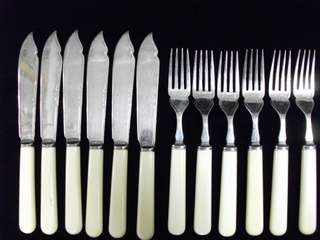 12 PIECE FISH KNIFE AND FORK SET - SILVER PLATED BLADES WITH BONE HANDLES