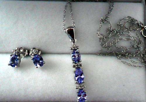 10K SOLID WHITE GOLD TANZANITE AND DIAMOND EARRING AND NECLACE SET.  1.250CTS