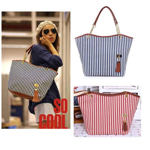 Gorgeous women stripe canvas bag with Leather trim and chain -available in BLACK & WHITE