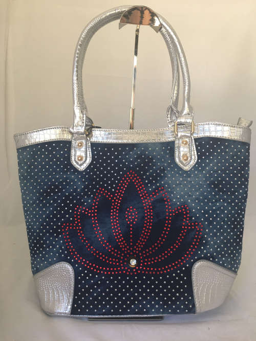 **NEW ARRIVAL** Ladies Stonewashed Diamante Denim Tote with Silver leather trim- Totally Glamourous!