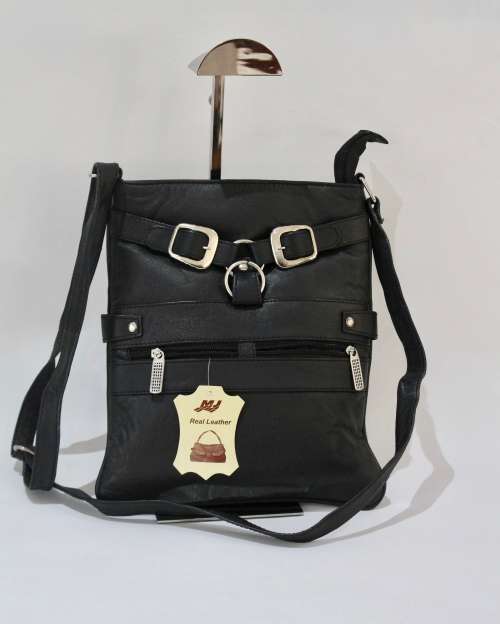 Unisex Real  Leather shoulder bag- Black-Enough room for all essentials!