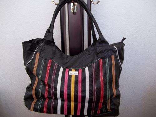 Beautiful designer style ladies Soft leather look hand bag in Black with colour stripes. Beautiful