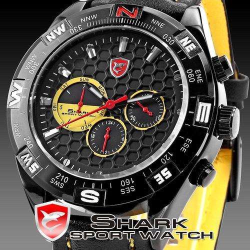 SHARK Date Day 6 Hands Stainless Steel Case Leather Band Swiss Movement Black Yellow Men's Sport wat