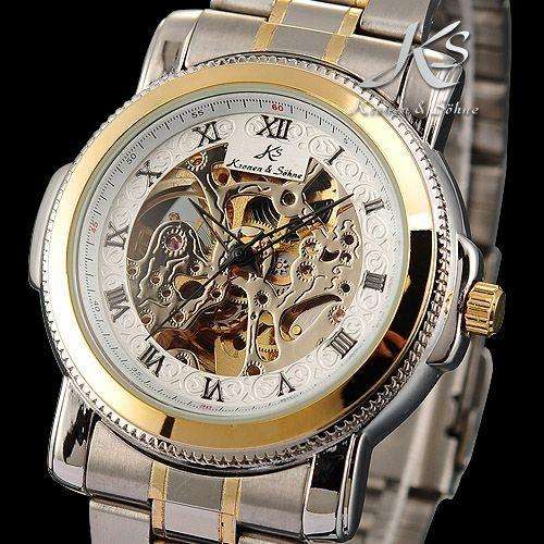 KS Mens Automatic Mechanical Watch Analog Golden Silver Steel White Dial Skeleton