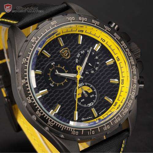 Frilled Shark Series Relogio Masculino Yellow Style 6 Hands Day Black Leather Strap