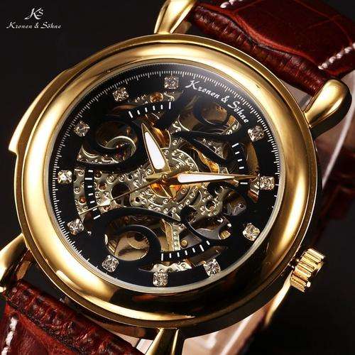 1st Bidder wins*Brand New KS Automatic Mechanical Black Dial Golden Stainless Steel Case Brown Leath
