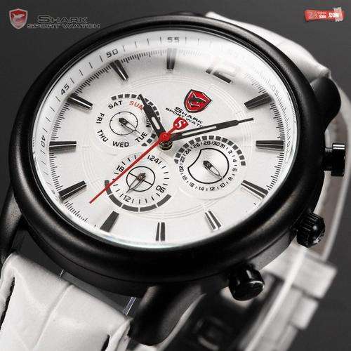 Shark 6 Hands Date Day Black Stainless Steel Case Leather Band White Dial Men Quartz