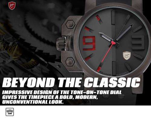 Shark Stainless Steel Case Black Red Dial Big Face Watch For Men Rubber Band Men Spo