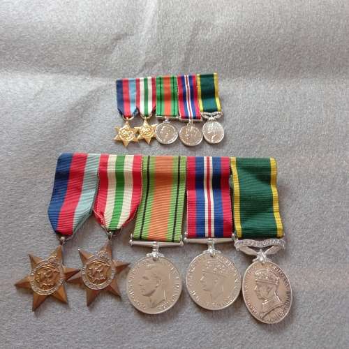 SET OF 5 MEDALS WITH MATCHING MINIATURES. NAMED CPL. C.W. GOVER No. 7013078 ROYAL INNISKILLING FUS.