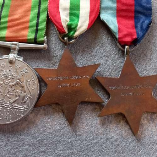 SET OF 5 MEDALS WITH MATCHING MINIATURES. NAMED CPL. C.W. GOVER No. 7013078 ROYAL INNISKILLING FUS.