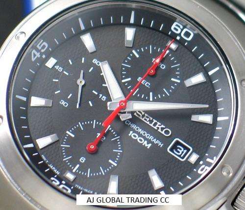 SEIKO CHRONOGRAPH BLACK PATTERNED 100M SS WATCH SND781 at R1 no Reserve!!