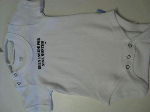 White Babygrow with Slogan Been Inside 9 Months 6-12 months