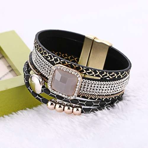 Fashion Bohemian Gem Rhinestone Wide Magnetic Leather Bracelets