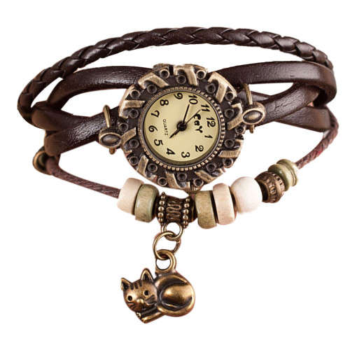 Superior Quartz Weave Around Leather Cat Pattern Bracelet Woman Wrist Watch