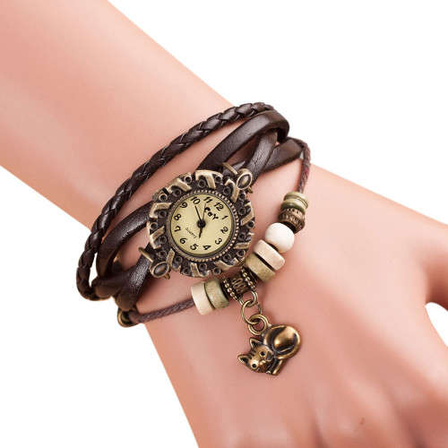 Superior Quartz Weave Around Leather Cat Pattern Bracelet Woman Wrist Watch