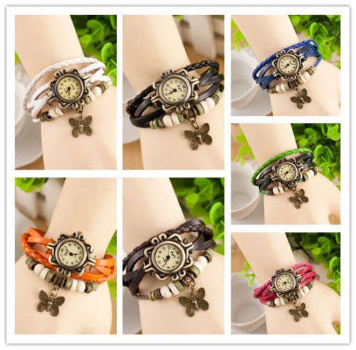 Antique Leather Bracelet Watch Vintage Women Wrist Watch Butterfly Pendant