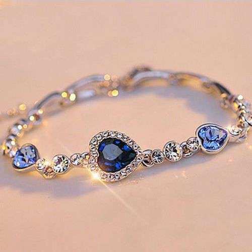 Hot Cute Women Blue Crystal Rhinestone Heart Charm Bangle Fashion Bracelet Gift